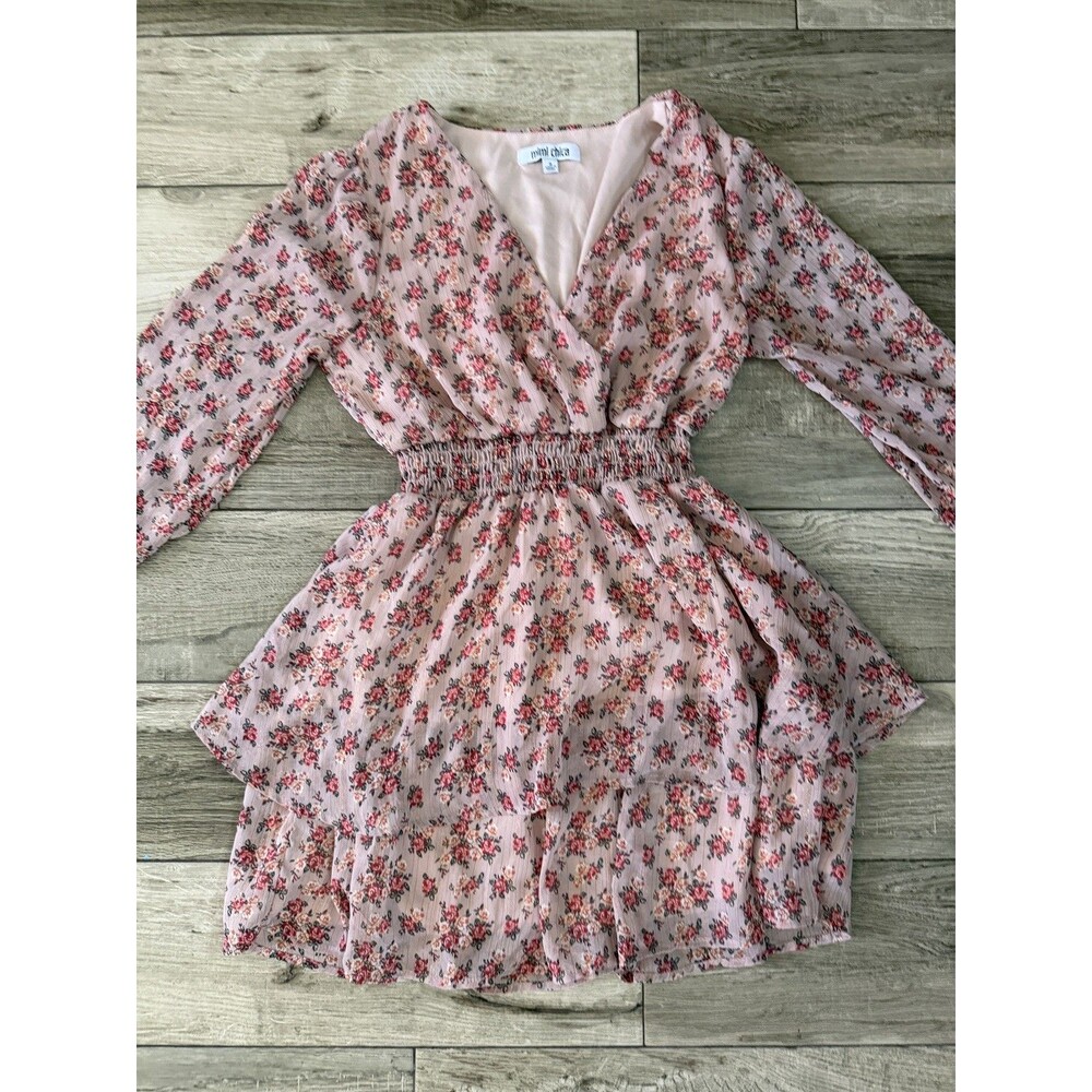 mimi chica Pink gold metallic Floral Tiered Mini Dress Small Lined V-neck
